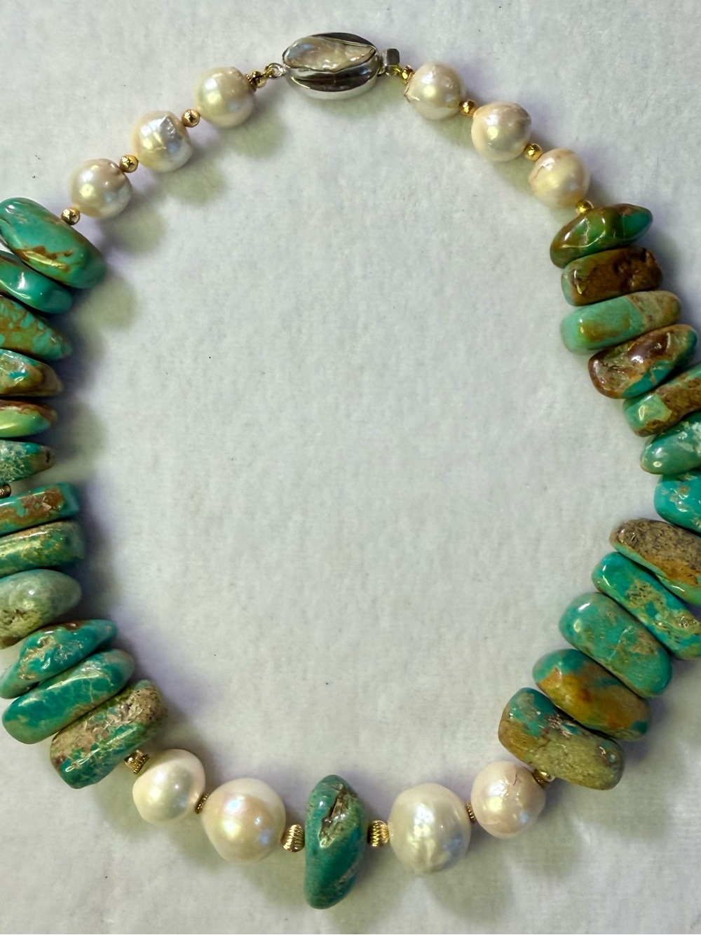 Turquoise Chip and Pearl Necklace - Natural Turquoise and White Pearl Strand